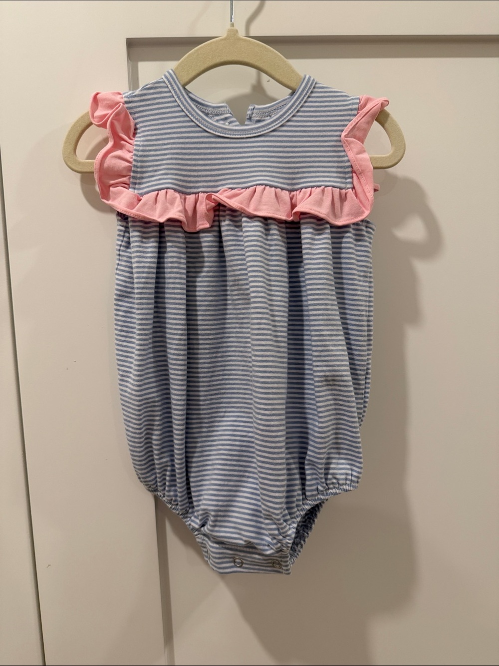 Baby Girls Blue Stripe Ruffle One-Piece Bodysuit - Pink Trim